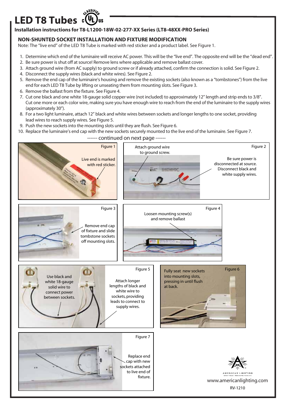 Led t8 tubes, Continued on next page | American Lighting LT8-48XX-PRO Series User Manual | Page 2 / 4