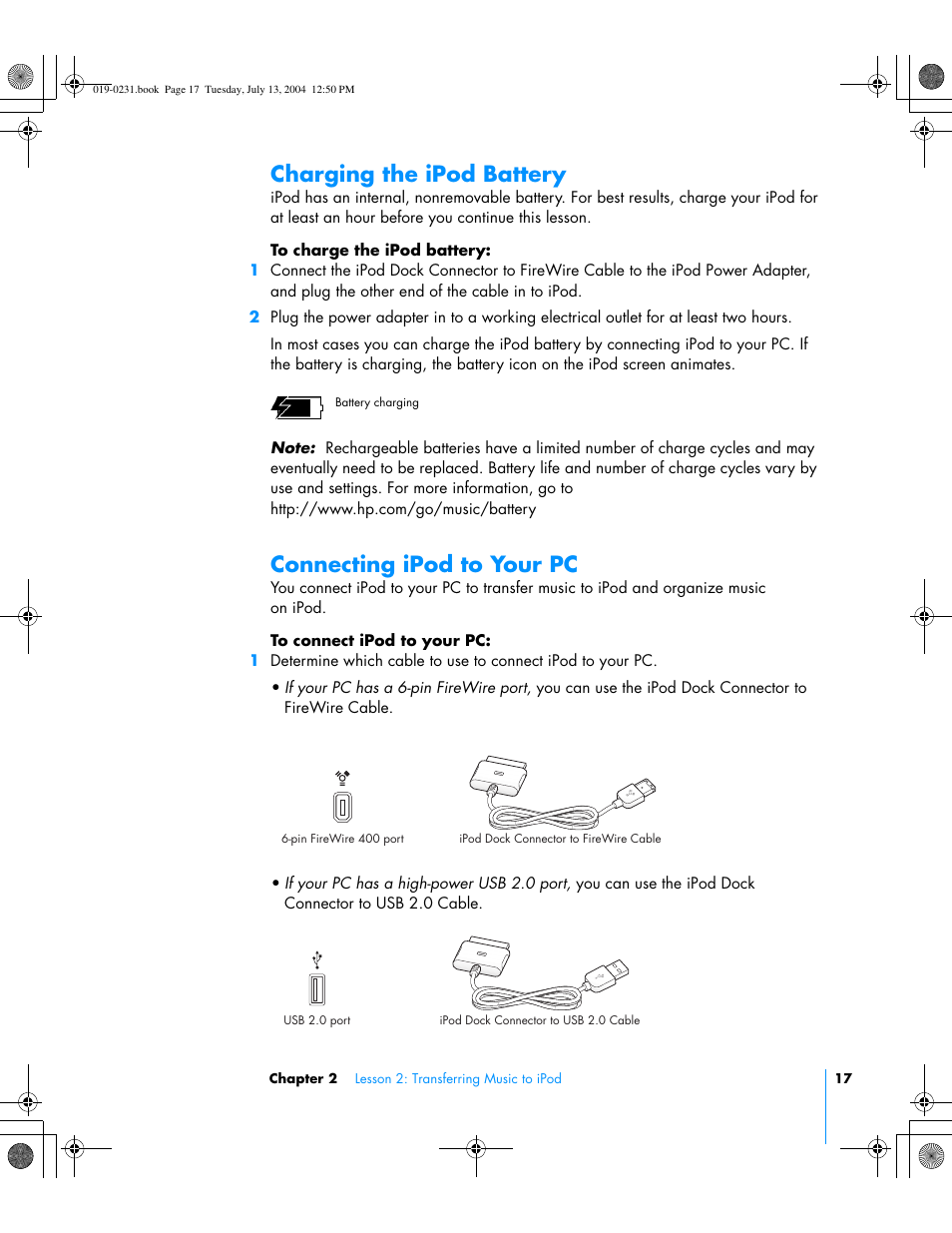 Charging the ipod battery, Connecting ipod to your pc | Apple iPod+hp User Manual | Page 17 / 32