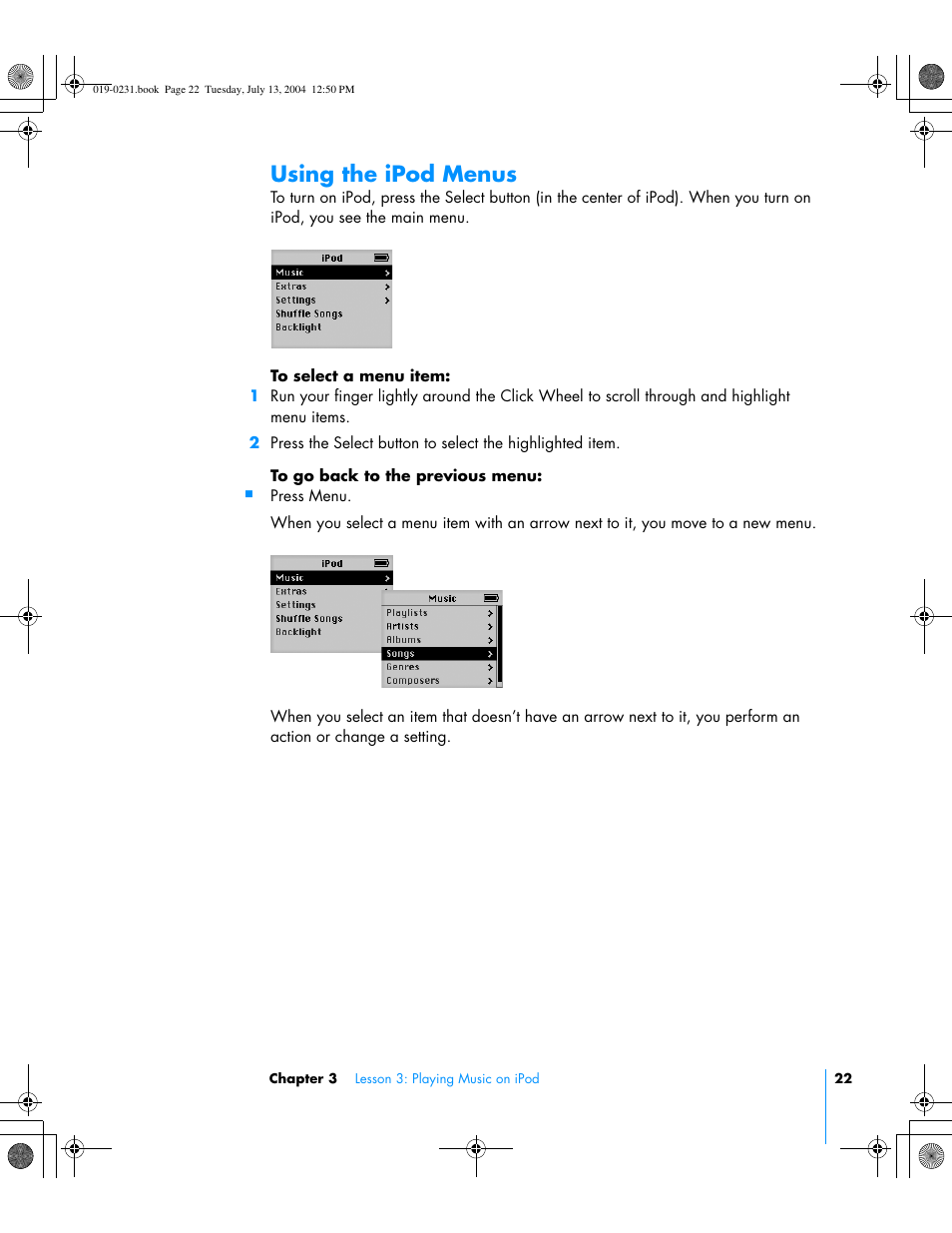 Using the ipod menus | Apple iPod+hp User Manual | Page 22 / 32