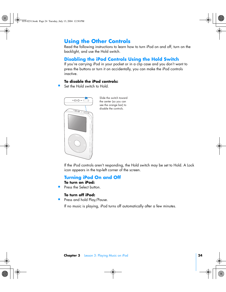 Using the other controls, Disabling the ipod controls using the hold switch, Turning ipod on and off | Apple iPod+hp User Manual | Page 24 / 32