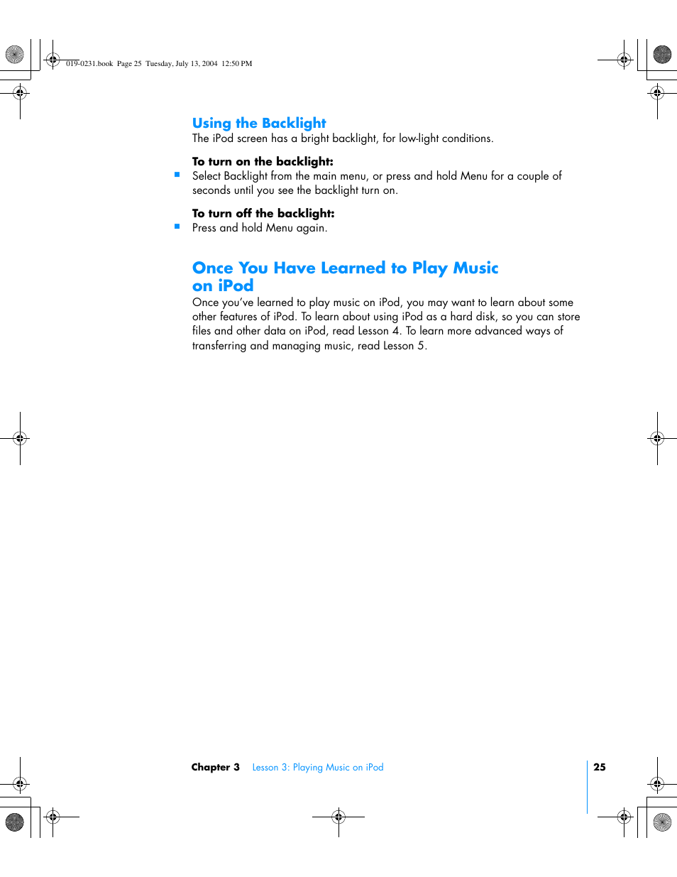 Once you have learned to play music on ipod, Using the backlight | Apple iPod+hp User Manual | Page 25 / 32