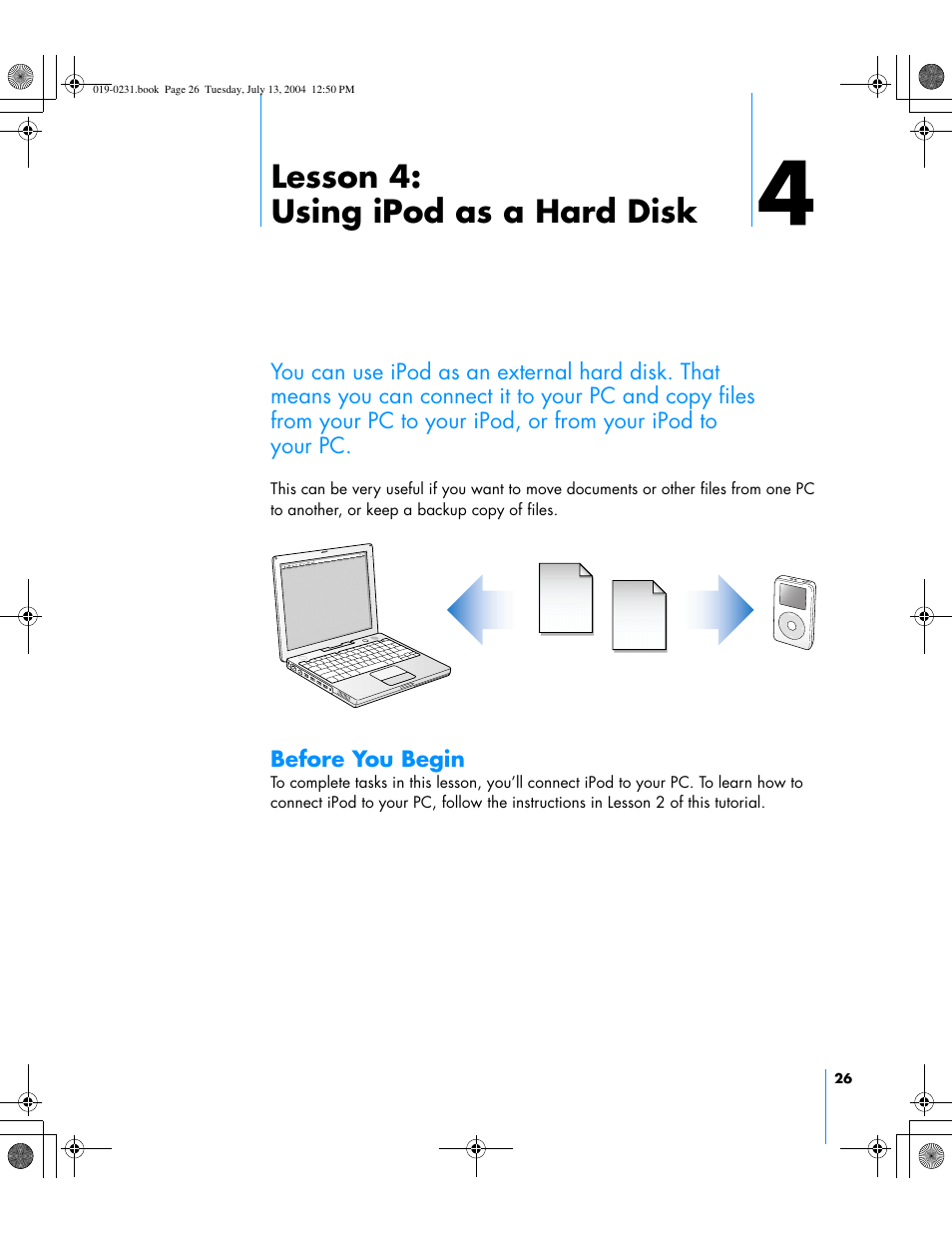 Lesson 4: using ipod as a hard disk, Before you begin | Apple iPod+hp User Manual | Page 26 / 32