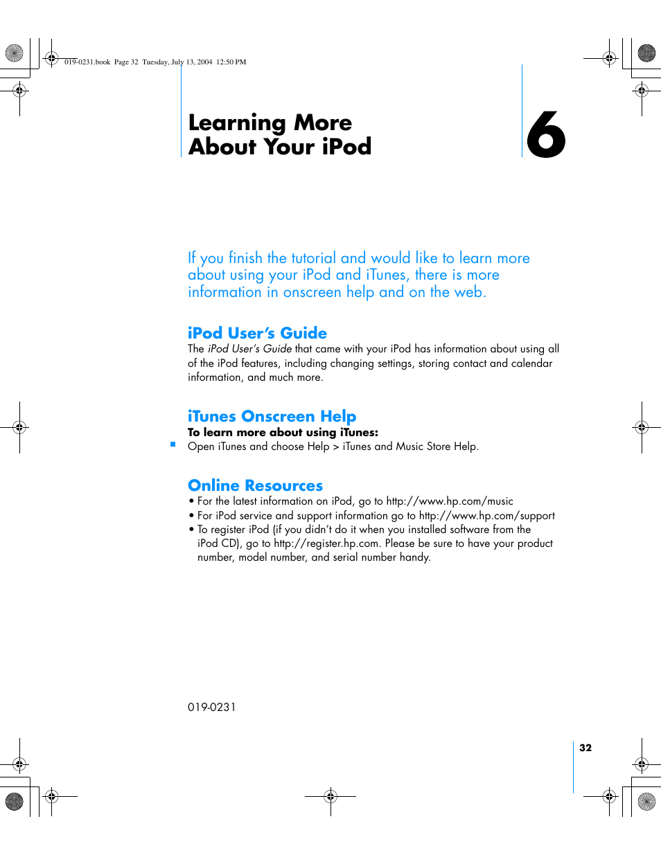 Learning more about your ipod, Itunes onscreen help, Online resources | Apple iPod+hp User Manual | Page 32 / 32