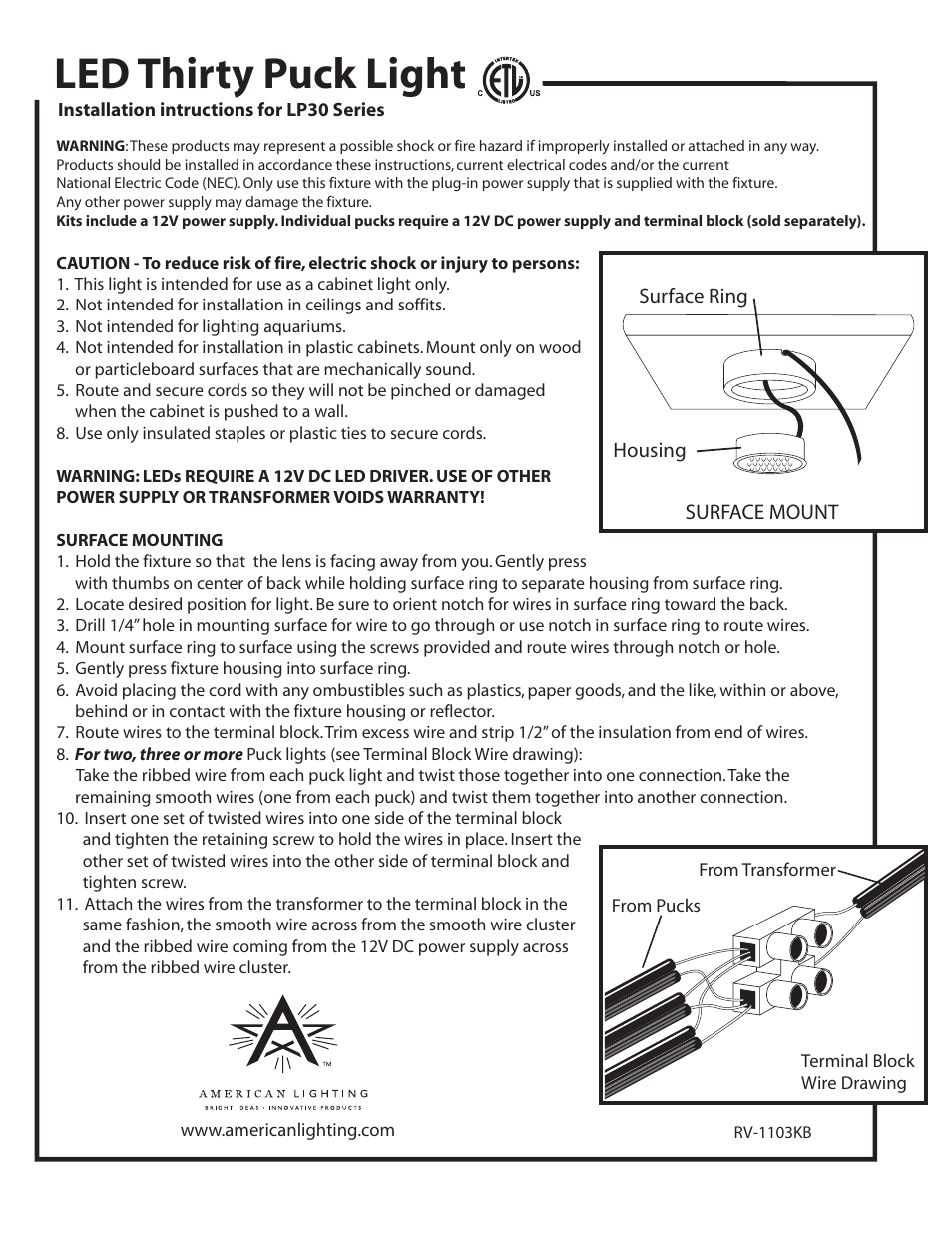 American Lighting LP30 Series User Manual | 2 pages