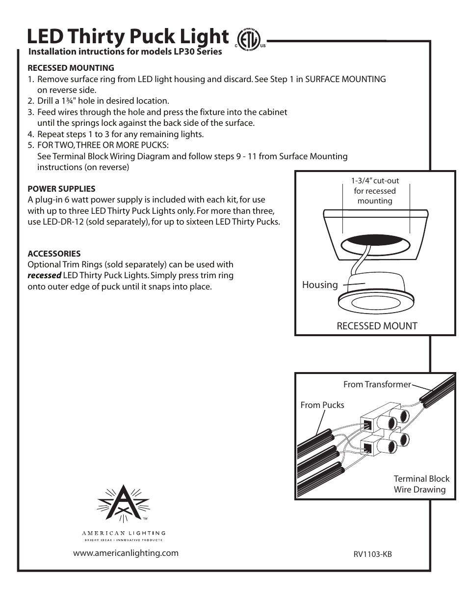 Led thirty puck light | American Lighting LP30 Series User Manual | Page 2 / 2