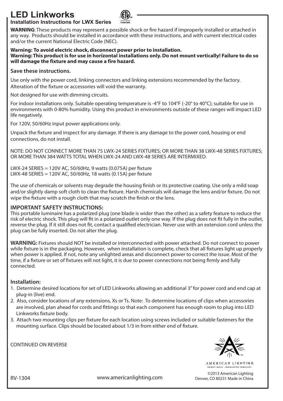 American Lighting LWX Series User Manual | 2 pages