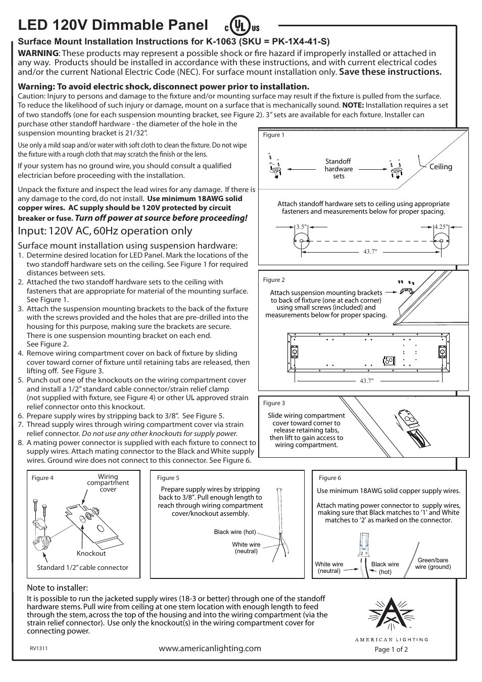 American Lighting K-1063 User Manual | 2 pages