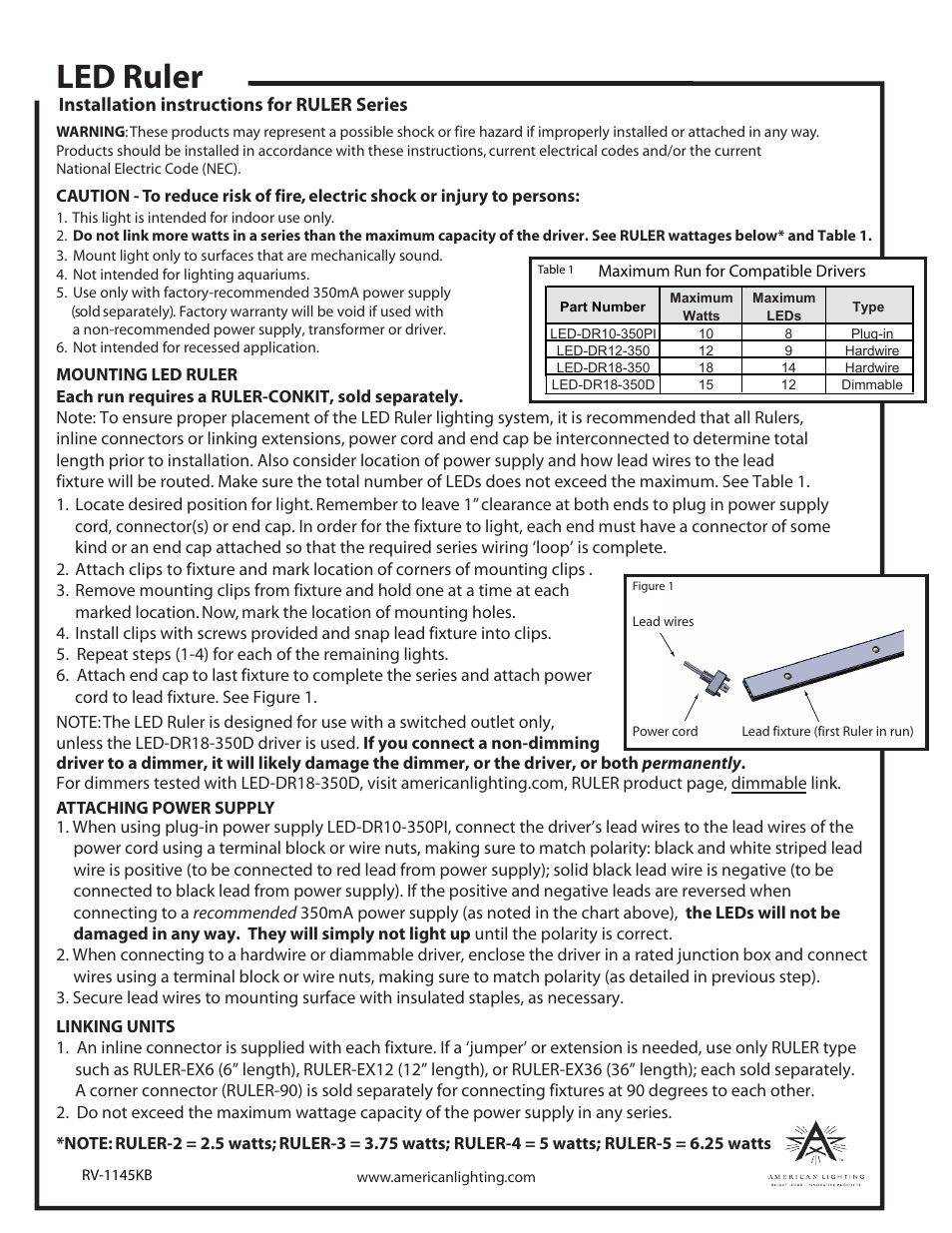 American Lighting RULER Series User Manual | 1 page