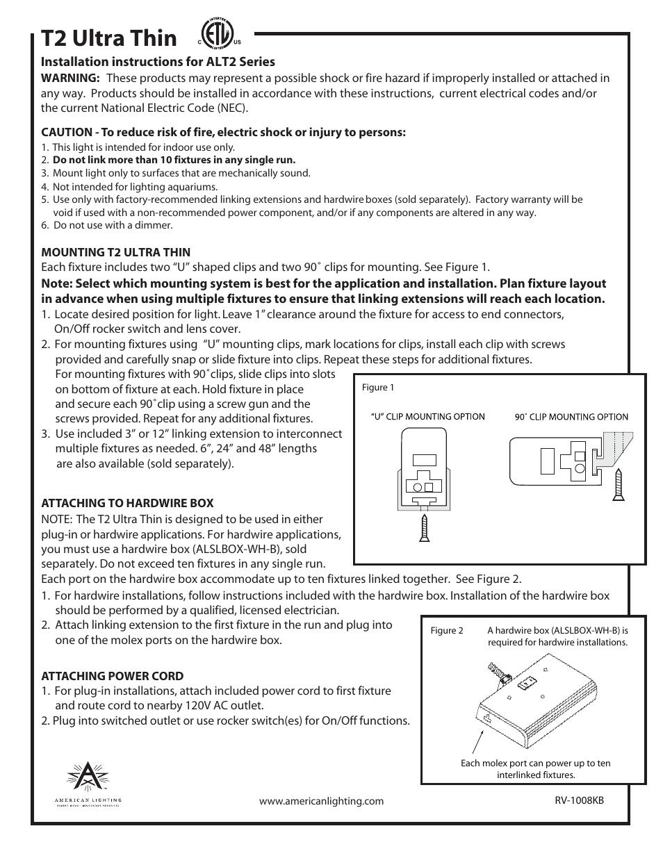 American Lighting ALT2 Series User Manual | 1 page