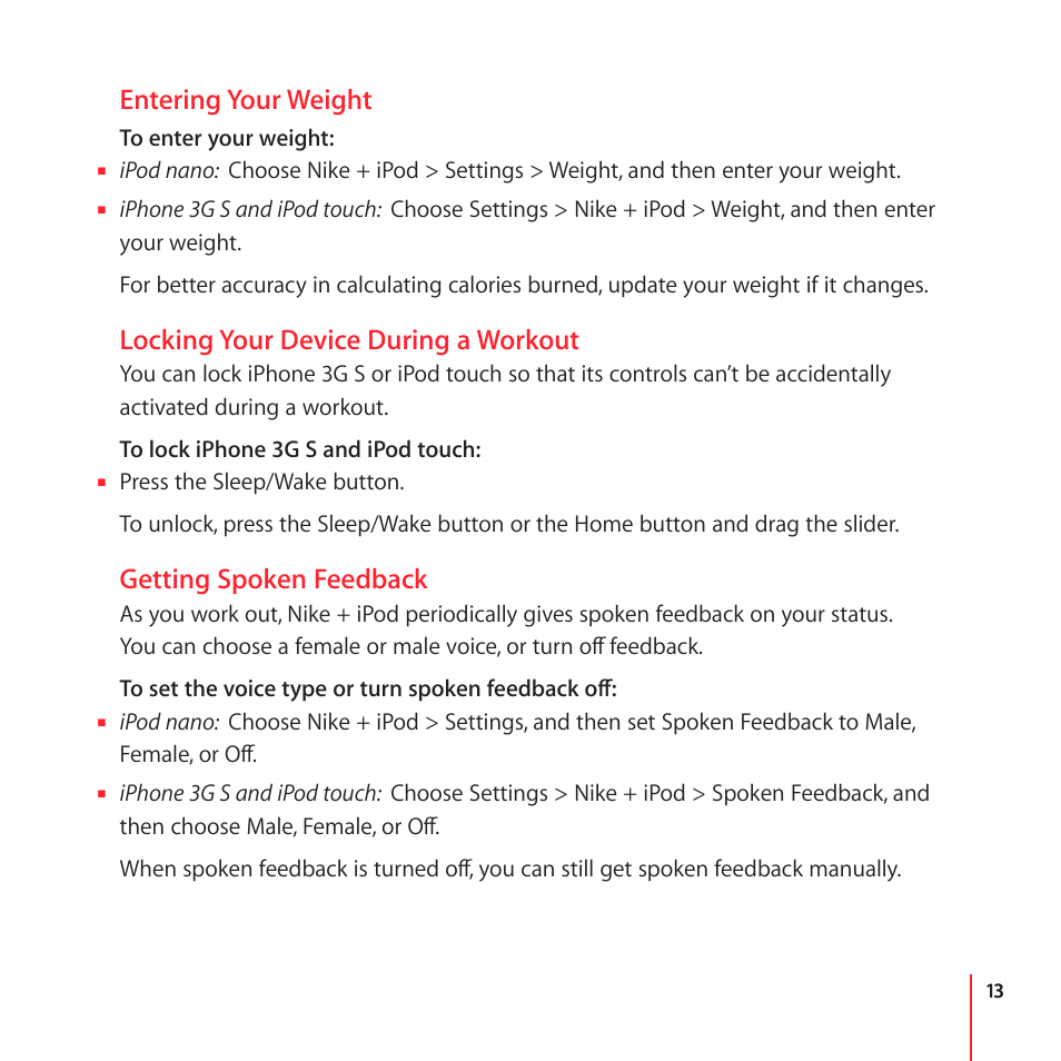 Entering your weight, Locking your device during a workout, Getting spoken feedback | Apple Nike + iPod User Manual | Page 13 / 100