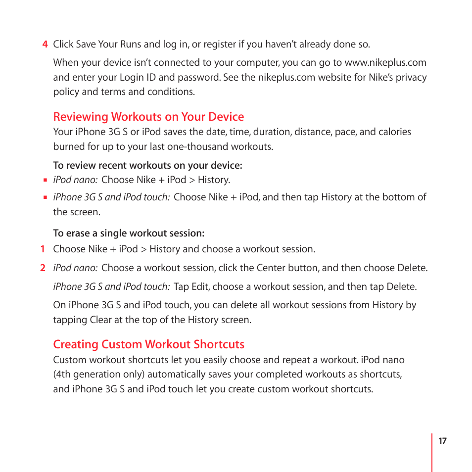 Reviewing workouts on your device, Creating custom workout shortcuts | Apple Nike + iPod User Manual | Page 17 / 100