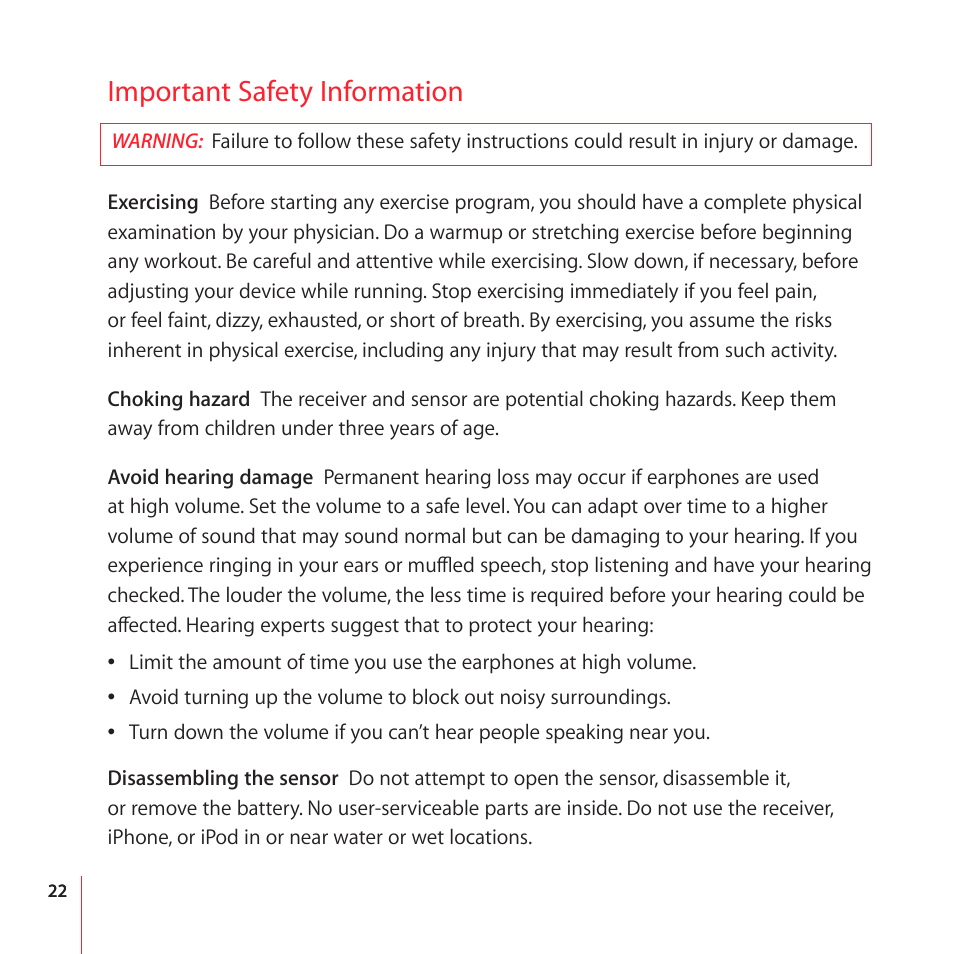 Important safety information | Apple Nike + iPod User Manual | Page 22 / 100