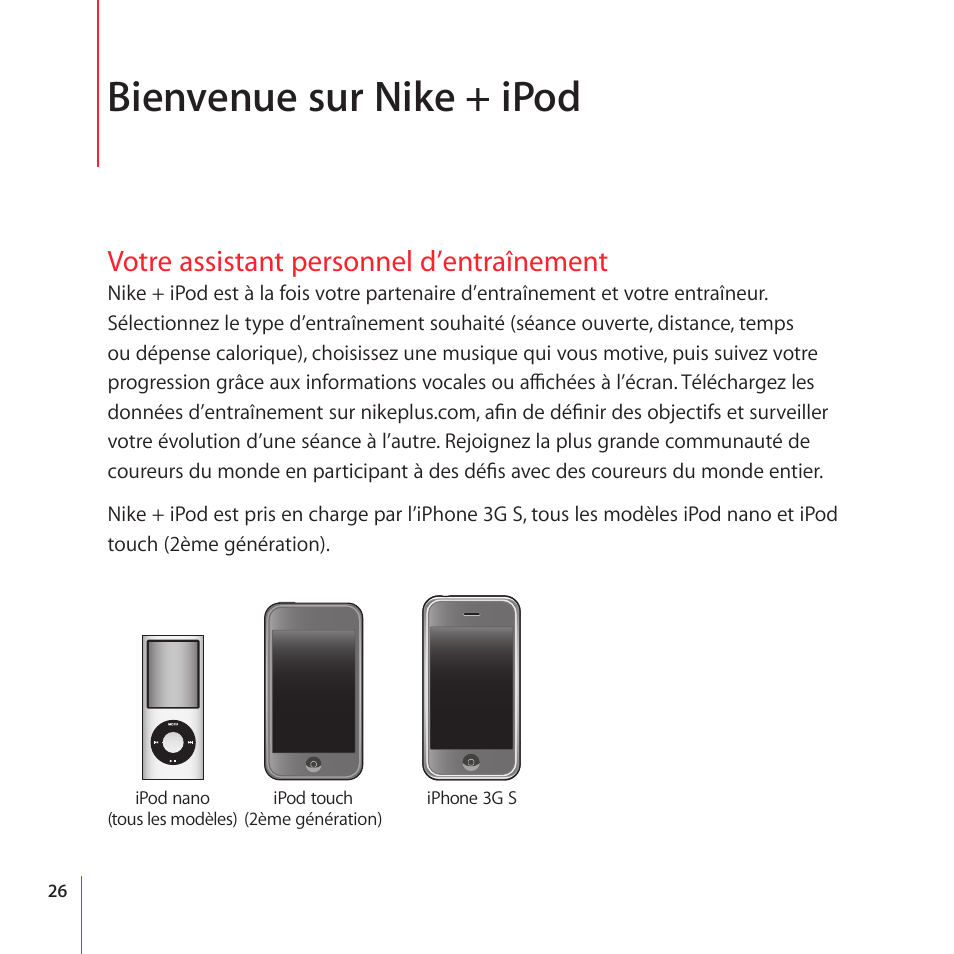 Welcome to nike + ipod, Your personal workout assistant, Bienvenue sur nike + ipod | Votre assistant personnel d’entraînement | Apple Nike + iPod User Manual | Page 26 / 100