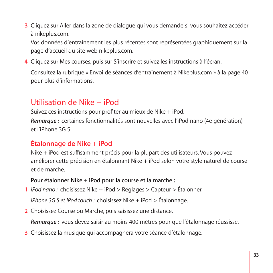 Setting the units of distance, Réglage des unités de distance, Utilisation de nike + ipod | Étalonnage de nike + ipod | Apple Nike + iPod User Manual | Page 33 / 100