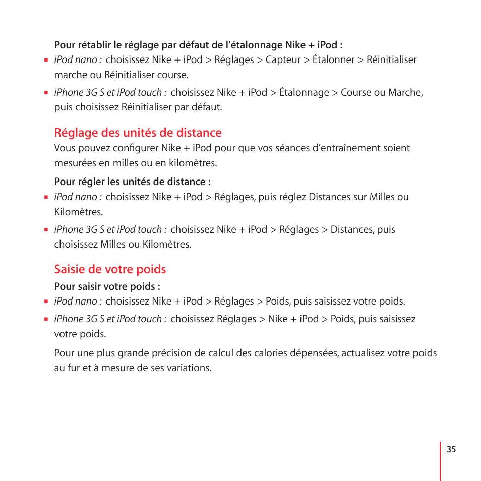 Using a powersong, Utilisation d’un morceau powersong, Réglage des unités de distance | Saisie de votre poids | Apple Nike + iPod User Manual | Page 35 / 100