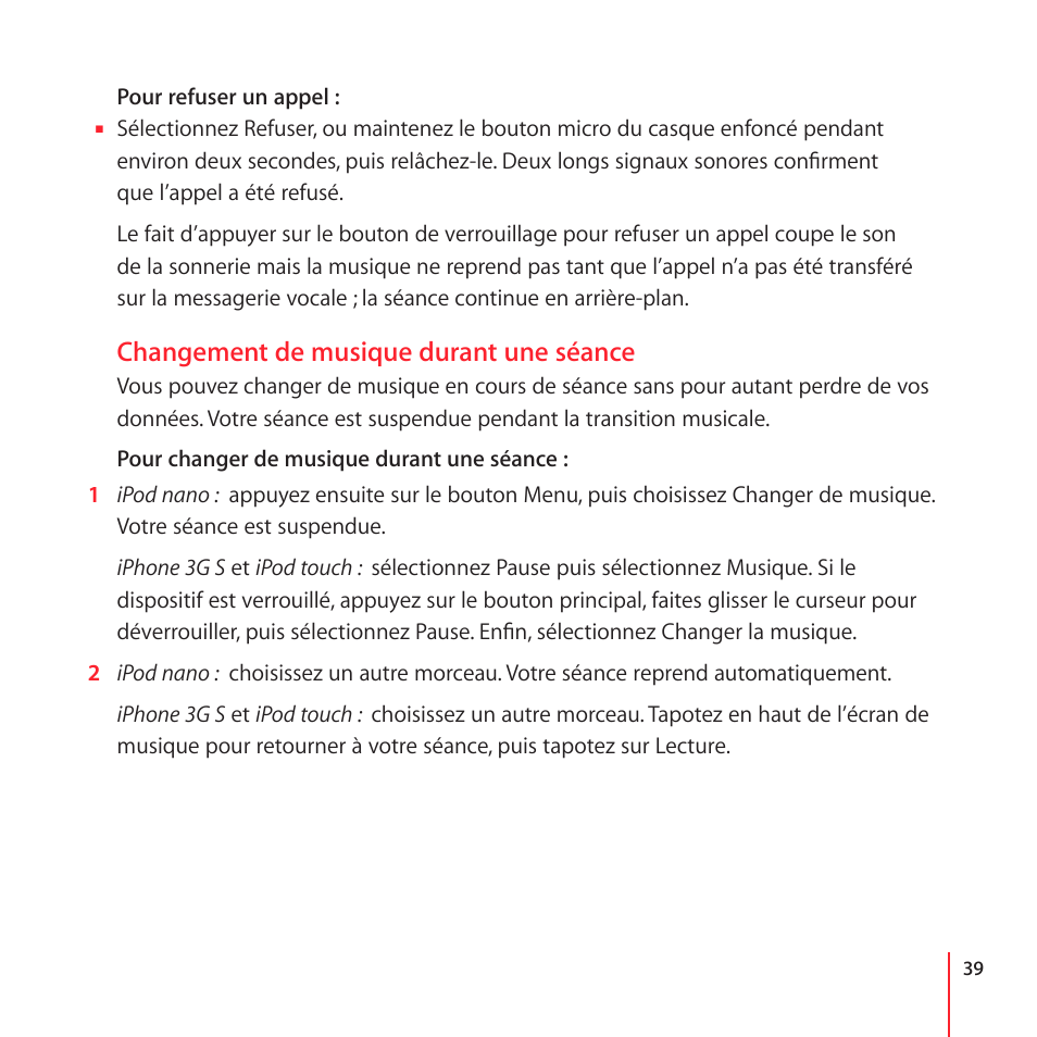 Purchasing nike+ workouts, Achat de séances d’entraînements nike, Changement de musique durant une séance | Apple Nike + iPod User Manual | Page 39 / 100