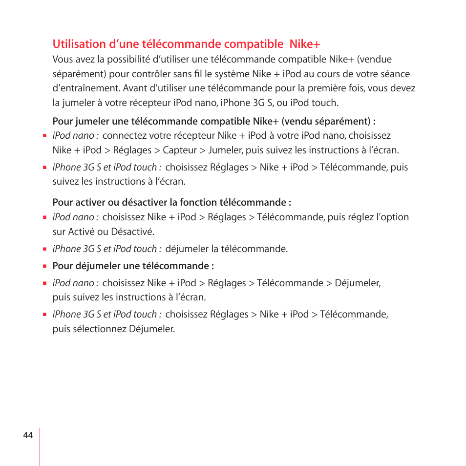 Learning more, service, and support, Utilisation d’une télécommande compatible nike | Apple Nike + iPod User Manual | Page 44 / 100