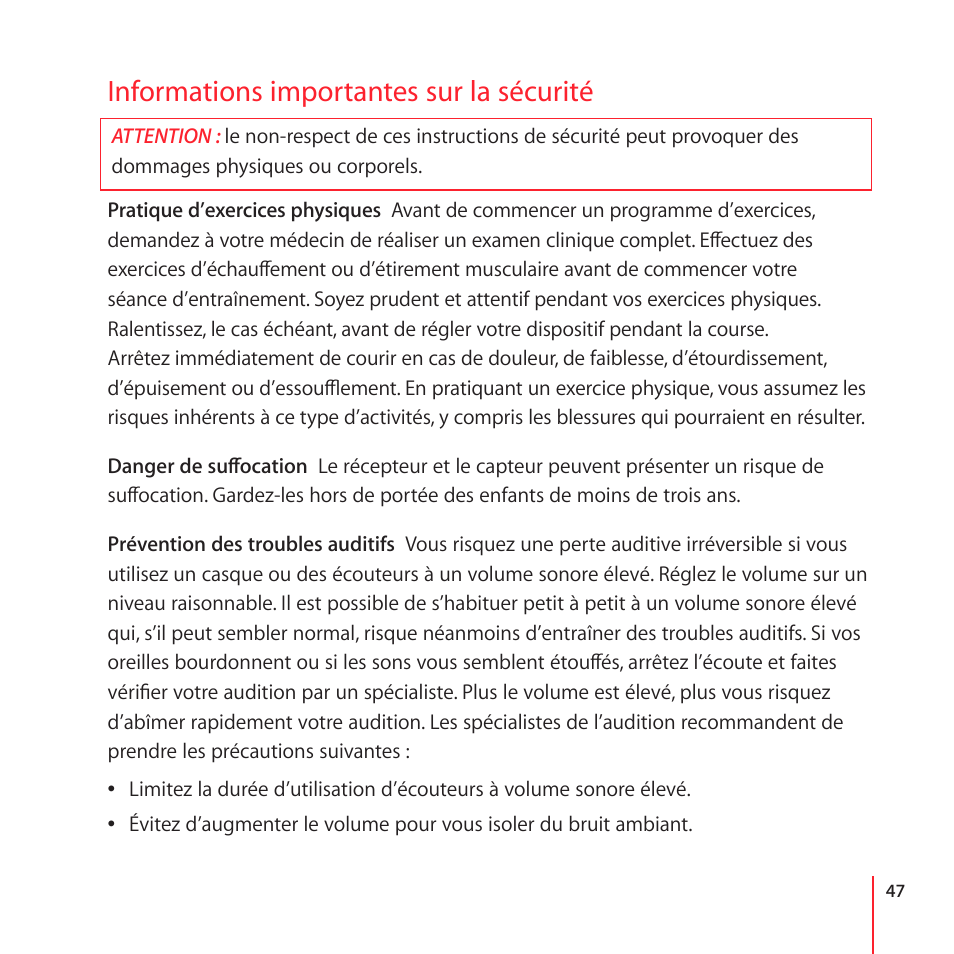 Informations importantes sur la sécurité | Apple Nike + iPod User Manual | Page 47 / 100