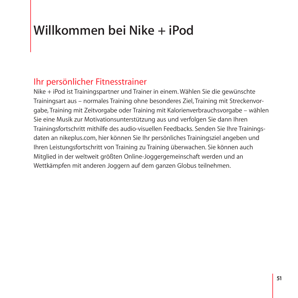 Willkommen bei nike + ipod, Ihr persönlicher fitnesstrainer | Apple Nike + iPod User Manual | Page 51 / 100