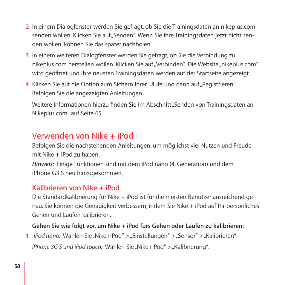 Verwenden von nike + ipod, Kalibrieren von nike + ipod | Apple Nike + iPod User Manual | Page 58 / 100