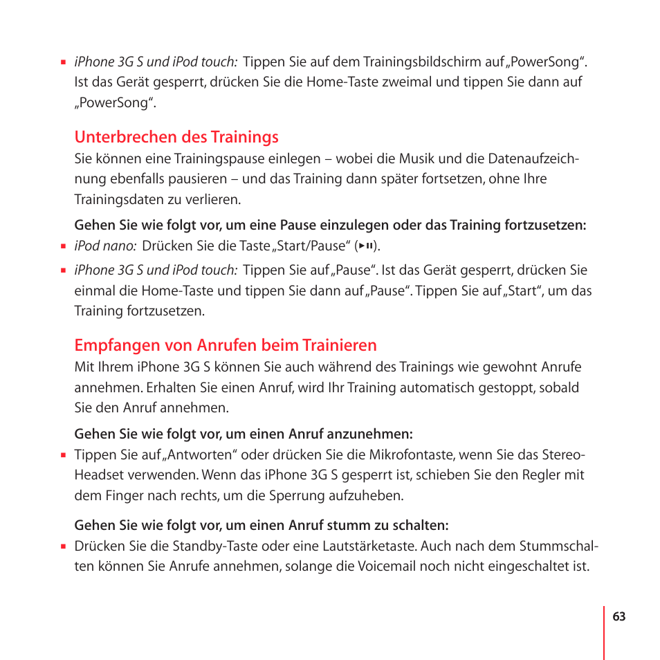 Unterbrechen des trainings, Empfangen von anrufen beim trainieren | Apple Nike + iPod User Manual | Page 63 / 100