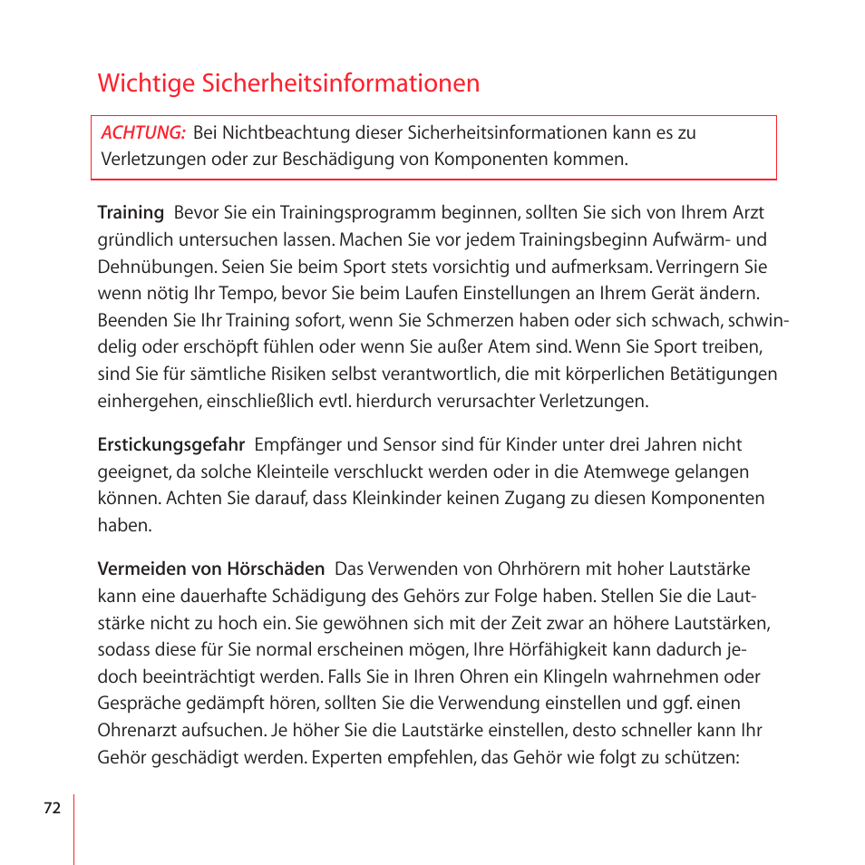 Wichtige sicherheitsinformationen | Apple Nike + iPod User Manual | Page 72 / 100
