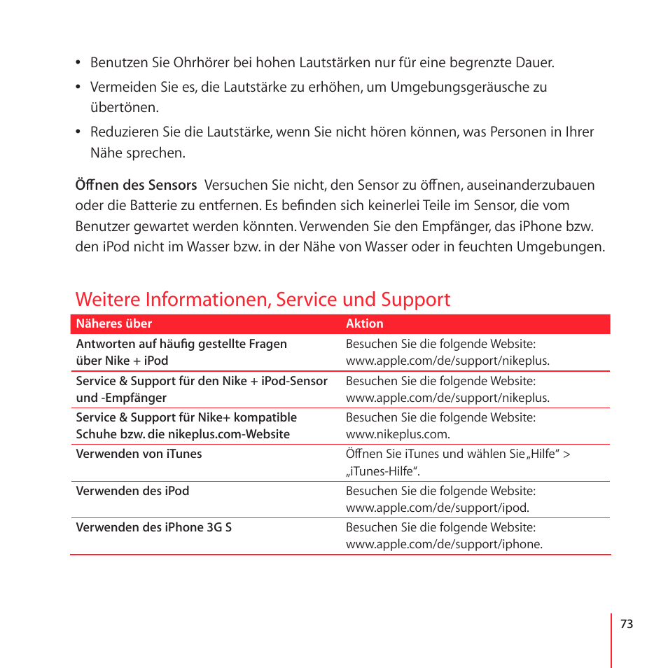 Weitere informationen, service und support | Apple Nike + iPod User Manual | Page 73 / 100