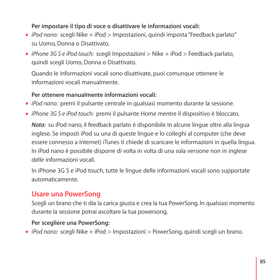 Usare una powersong | Apple Nike + iPod User Manual | Page 85 / 100