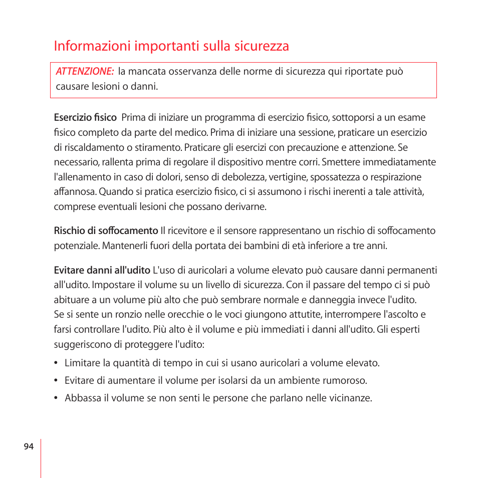 Informazioni importanti sulla sicurezza | Apple Nike + iPod User Manual | Page 94 / 100