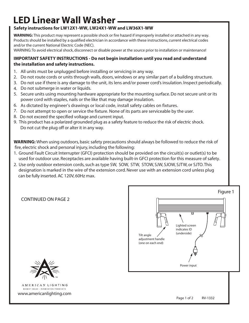 American Lighting LW36X1-WW User Manual | 2 pages
