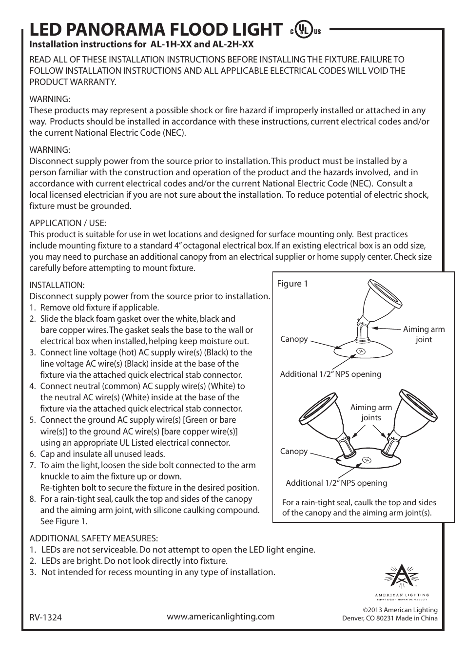 American Lighting AL-2H-XX Series User Manual | 2 pages