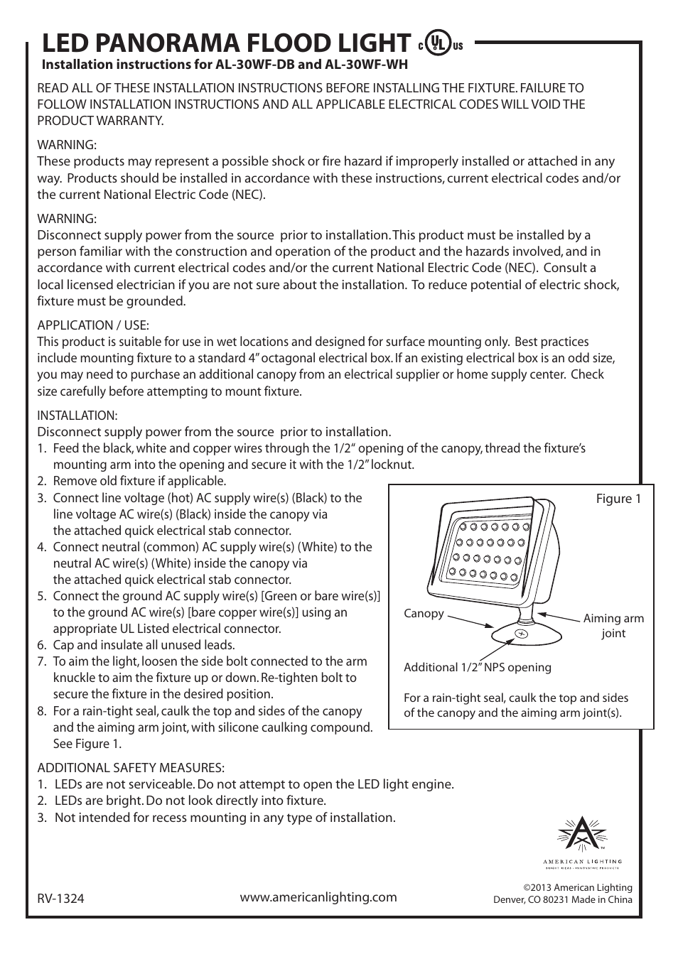 American Lighting AL-30WF-WH User Manual | 1 page