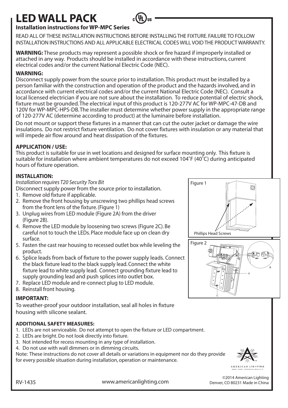 American Lighting WP-MPC Series User Manual | 1 page