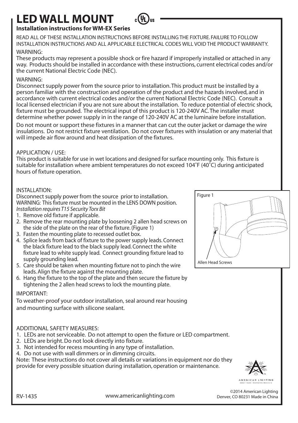 American Lighting WM-EX Series User Manual | 1 page