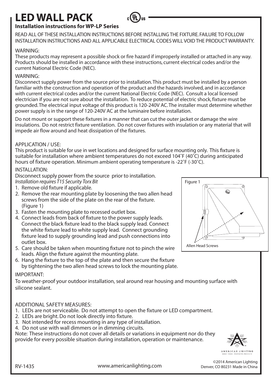 American Lighting WP-LP Series User Manual | 1 page