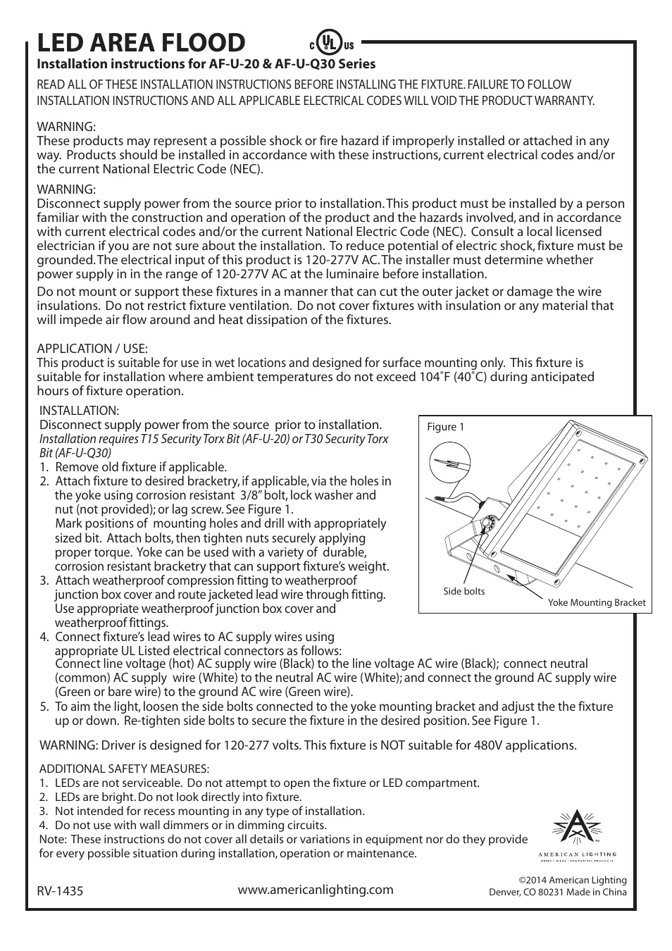 American Lighting AF-U-Q30 Series User Manual | 1 page