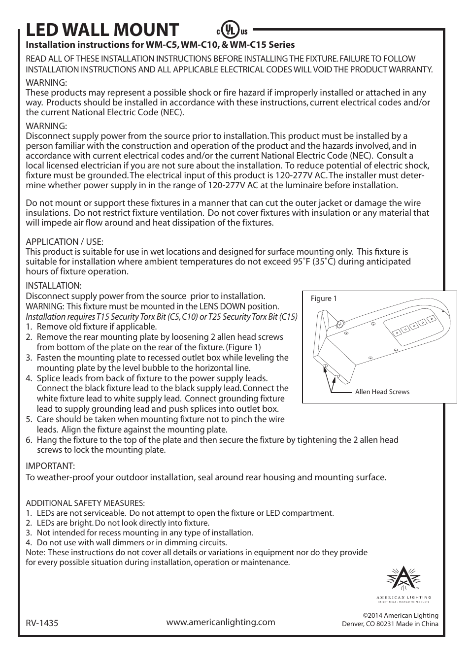 American Lighting WM-C15 Series User Manual | 1 page