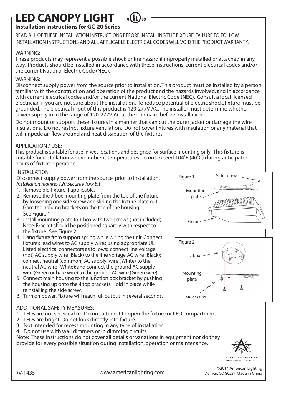 American Lighting GC-20 Series User Manual | 1 page