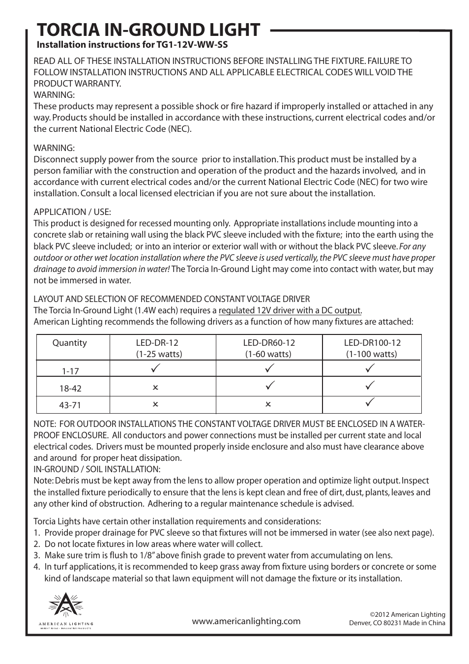 American Lighting TG1-12V-WW-SS User Manual | 2 pages