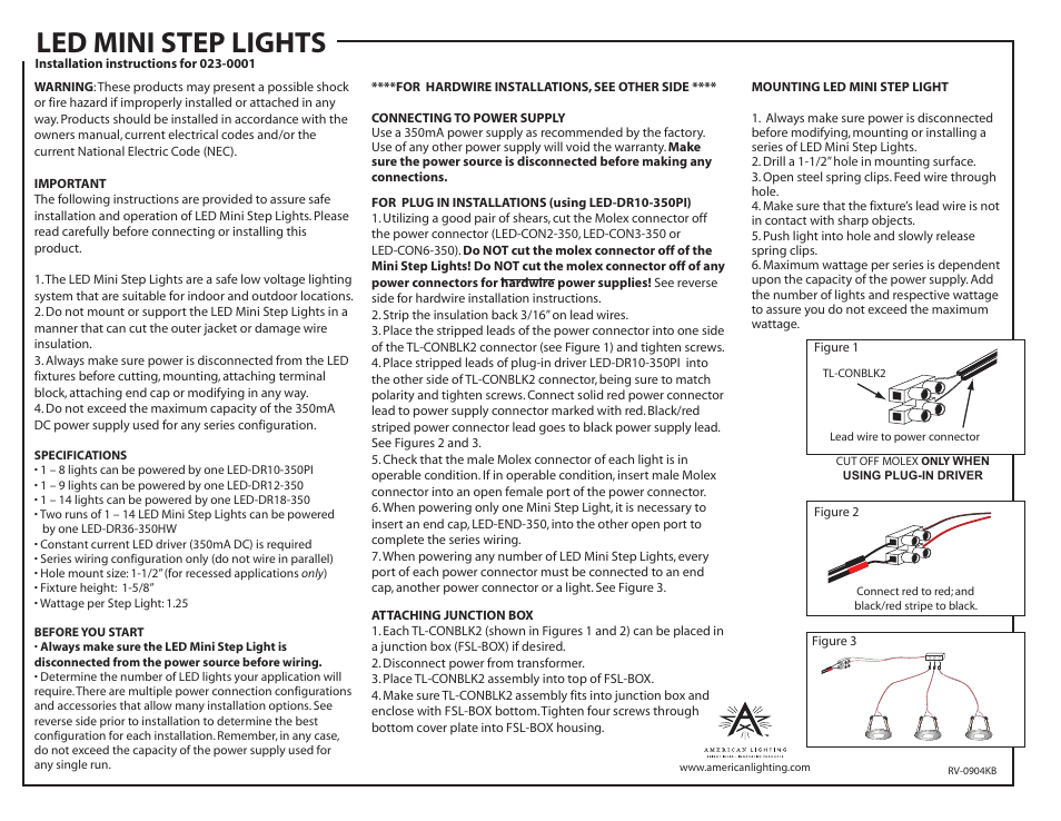 American Lighting 023-0001 User Manual | 2 pages