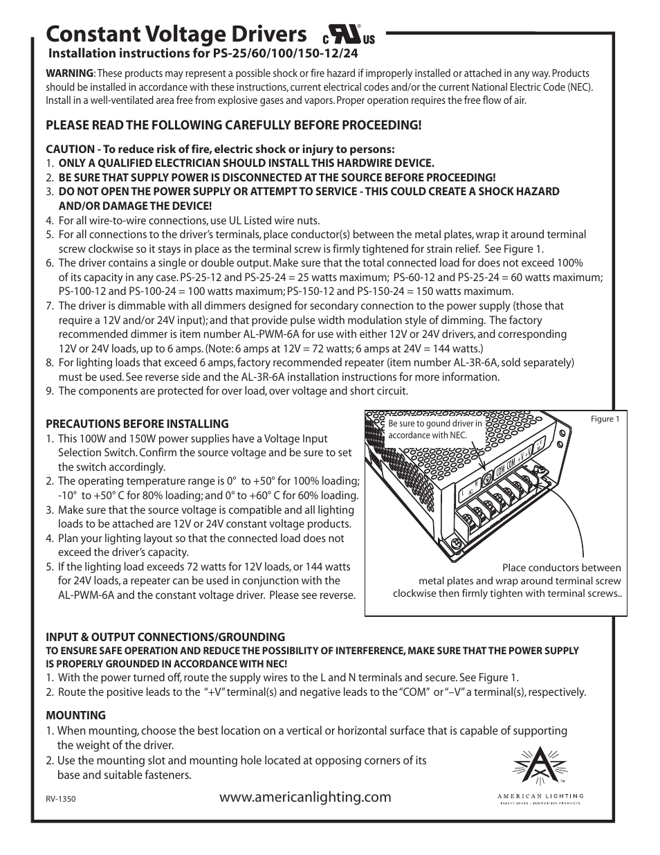 Constant voltage drivers | American Lighting PS Series User Manual | Page 2 / 2