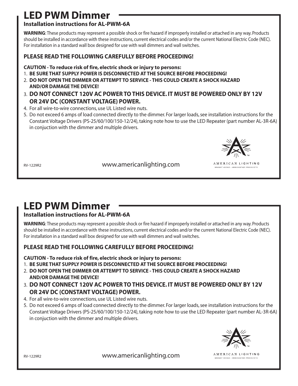 American Lighting AL-PWM-6A User Manual | 1 page