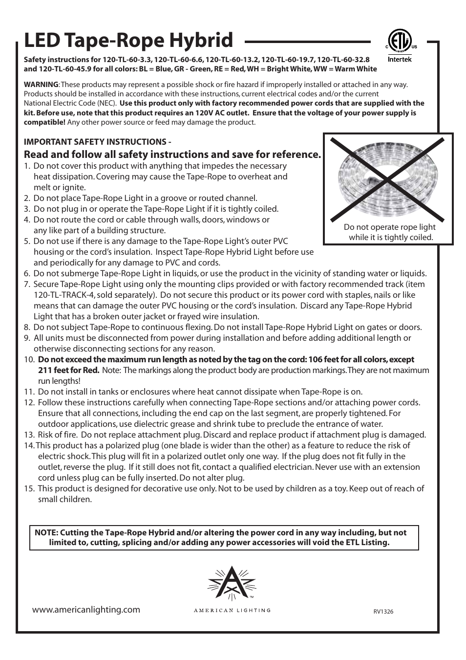 American Lighting LED Tape-Rope Hybrid User Manual | 2 pages