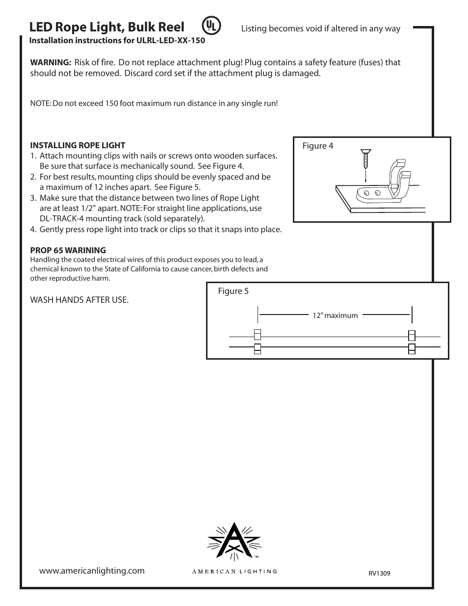 Led rope light, bulk reel | American Lighting ULRL-LED-XX-150 User Manual | Page 2 / 2