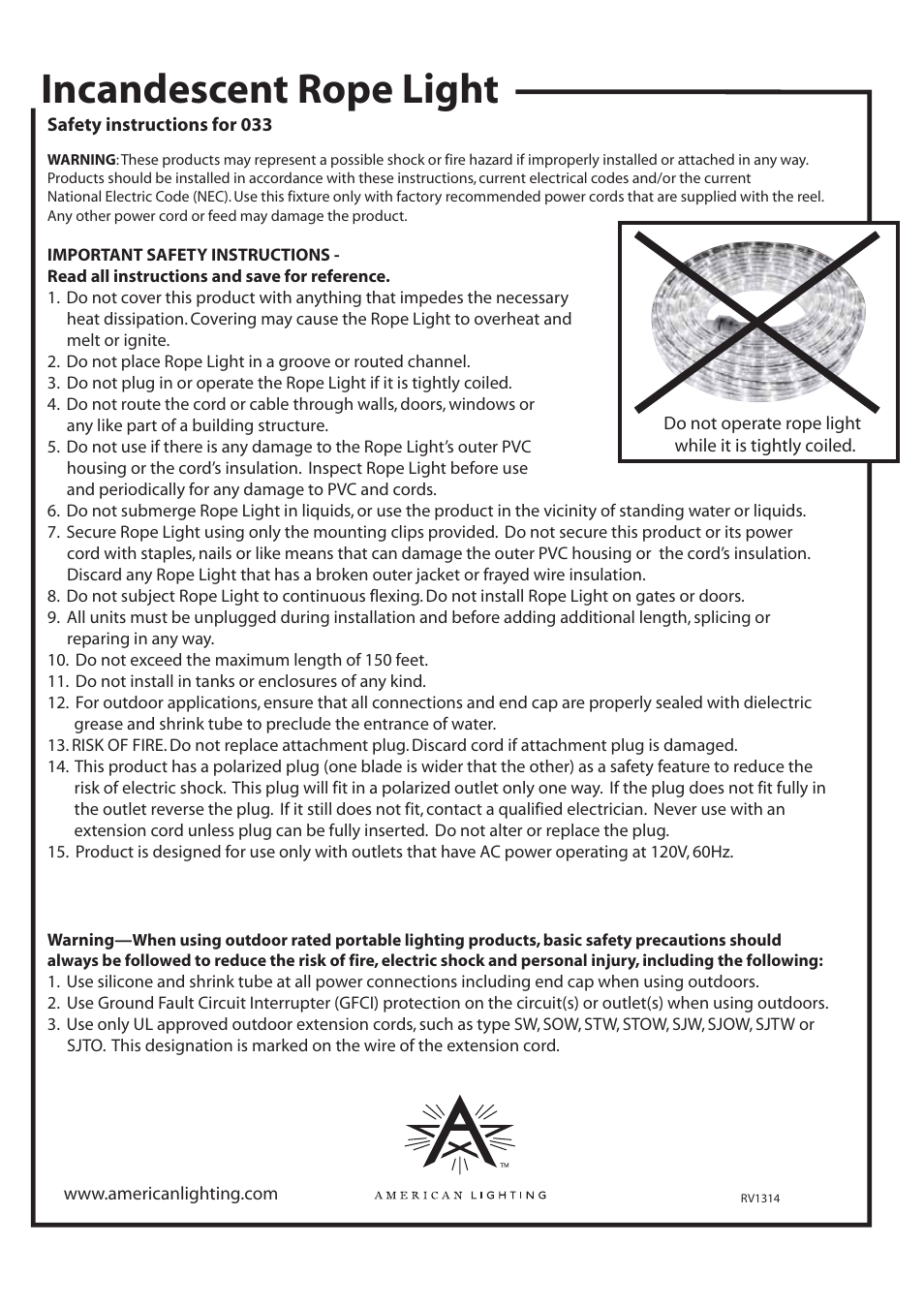 American Lighting 033 Rope Light User Manual | 2 pages
