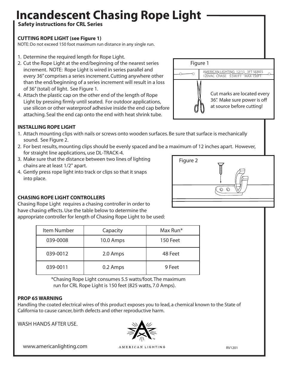 Crl series instructions_p2, Incandescent chasing rope light | American Lighting CRL Series User Manual | Page 2 / 2