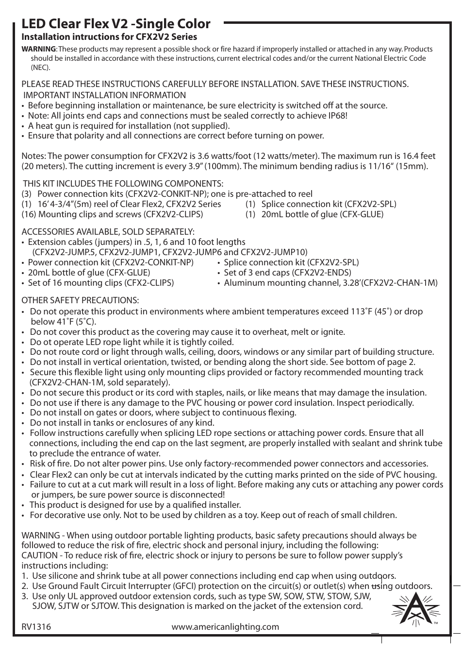 American Lighting CFX2V2 Series User Manual | 2 pages