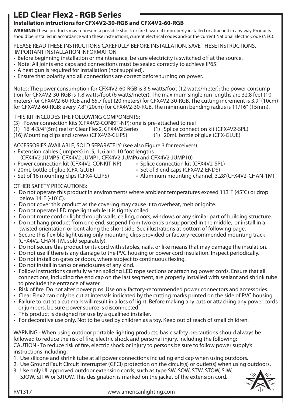 American Lighting CFX4V2-60-RGB User Manual | 2 pages