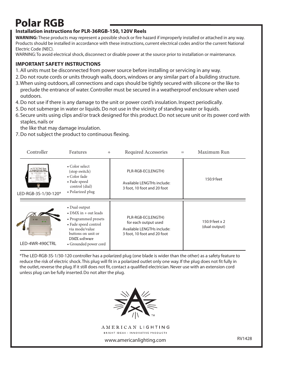 American Lighting PLR-36RGB-150 User Manual | 2 pages