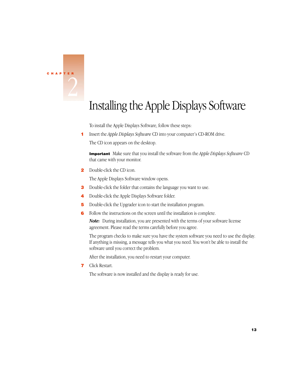 Installing theappledisplayssoftware, Installing the apple displays software | Apple Studio Display 15-inch flat panel monitor User Manual | Page 13 / 38